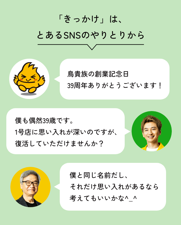 「きっかけ」は、とあるSNSのやりとりから 鳥貴族の創業記念日 39周年ありがとうございます! 僕も偶然39歳です。1号店に思い入れが深いのですが、復活していただけませんか? 僕と同じ名前だし、それだけ思い入れがあるなら考えてもいいかな^_^